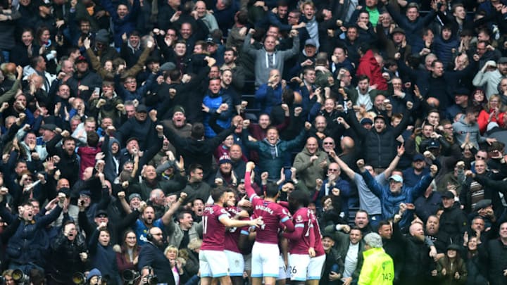 LONDON, ENGLAND - APRIL 27: Michail Antonio of West Ham United celebrates with teammates after scoring his team's first goal during the Premier League match between Tottenham Hotspur and West Ham United at Tottenham Hotspur Stadium on April 27, 2019 in London, United Kingdom. (Photo by Michael Regan/Getty Images) LONDON, ENGLAND - APRIL 27: Michail Antonio of West Ham United celebrates with teammates after scoring his team's first goal during the Premier League match between Tottenham Hotspur and West Ham United at Tottenham Hotspur Stadium on April 27, 2019 in London, United Kingdom. (Photo by Michael Regan/Getty Images)
