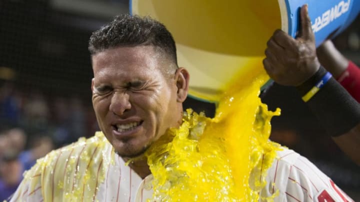 FanDuel MLB: PHILADELPHIA, PA - AUGUST 15: Wilson Ramos #40 of the Philadelphia Phillies has Powerade poured on him after the game against the Boston Red Sox at Citizens Bank Park on August 15, 2018 in Philadelphia, Pennsylvania. The Phillies defeated the Red Sox 7-4. (Photo by Mitchell Leff/Getty Images)