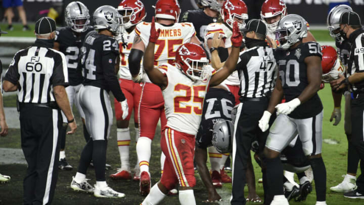 LAS VEGAS, NEVADA - NOVEMBER 22: Running back Clyde Edwards-Helaire #25 of the Kansas City Chiefs celebrates a 3-yard touchdown run against the Las Vegas Raiders in the first half of their game at Allegiant Stadium on November 22, 2020 in Las Vegas, Nevada. (Photo by Chris Unger/Getty Images)