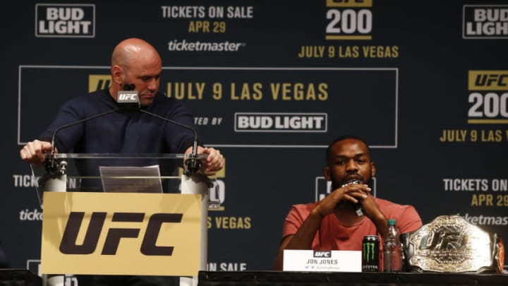 NEW YORK, NY - APRIL 27: Jon Jones speaks at a press conference with UFC president Dana White at a media availability for UFC 200 at Madison Square Garden on April 27, 2016 in New York City. (Photo by Jeff Zelevansky/Getty Images)