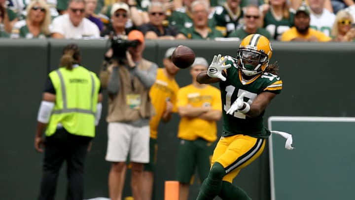 GREEN BAY, WISCONSIN – SEPTEMBER 15: Wide receiver Davante Adams #17 of the Green Bay Packers catches a pass against the Minnesota Vikings in the game at Lambeau Field on September 15, 2019, in Green Bay, Wisconsin. (Photo by Dylan Buell/Getty Images)