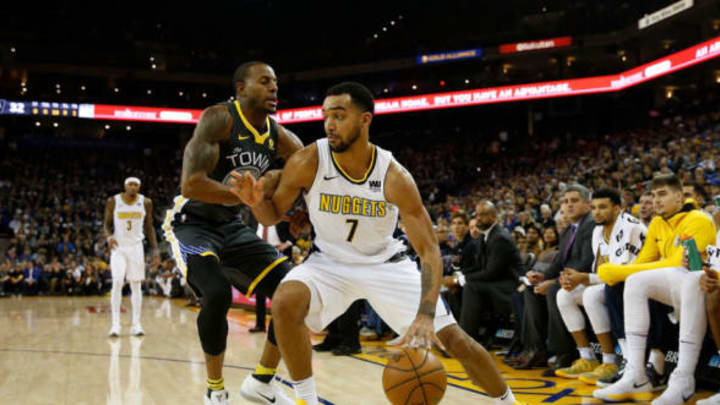 OAKLAND, CA – DECEMBER 23: Trey Lyles #7 of the Denver Nuggets is guarded by Andre Iguodala #9 of the Golden State Warriors at ORACLE Arena on December 23, 2017 in Oakland, California. NOTE TO USER: User expressly acknowledges and agrees that, by downloading and or using this photograph, User is consenting to the terms and conditions of the Getty Images License Agreement. (Photo by Lachlan Cunningham/Getty Images)