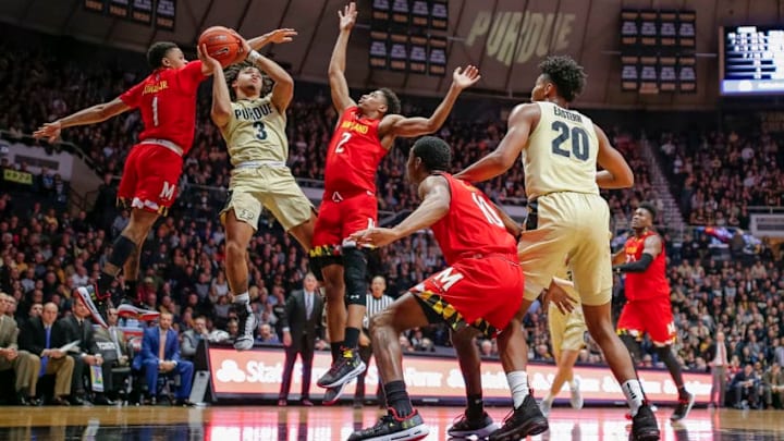 WEST LAFAYETTE, IN - DECEMBER 06: Carsen Edwards #3 of the Purdue Boilermakers shoots the ball against Anthony Cowan Jr. #1 and Aaron Wiggins #2 of the Maryland Terrapins at Mackey Arena on December 6, 2018 in West Lafayette, Indiana. (Photo by Michael Hickey/Getty Images)