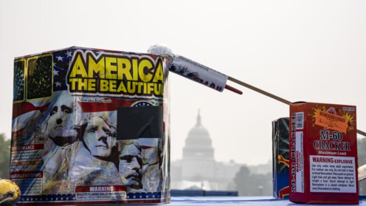 WASHINGTON, DC - JUNE 29: Illegal and expired fireworks are displayed during an event held by the Consumer Product Safety Commission (CPSC) to demonstrate fireworks dangers and release statistics on fireworks-related deaths and injuries, on the National Mall June 29, 2023 in Washington, DC. According to data from the CPSC, there were 11 reported fireworks-related deaths and over 10,000 fireworks-related injuries in 2022. (Photo by Drew Angerer/Getty Images)