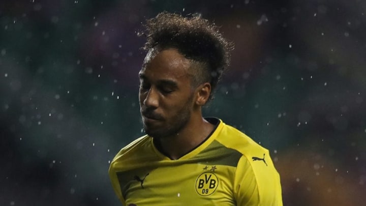 GUANGZHOU, CHINA - JULY 18: Pierre-Emerick Aubameyang of Borussia Dortmund celebrates a goal during the 2017 International Champions Cup football match between AC milan and Borussia Dortmund at University Town Sports Centre Stadium on July 18, 2017 in Guangzhou, China. (Photo by Lintao Zhang/Getty Images)