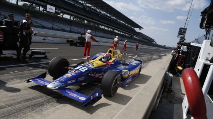 May 22, 2016; Indianapolis, IN, USA; Verizon Indy Car driver Alexander Rossi pulls in to the pits after qualifying for the Indianapolis 500 at Indianapolis Motor Speedway. Mandatory Credit: Brian Spurlock-USA TODAY Sports