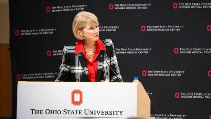 Aug 3, 2022; Columbus, OH, USA; The Ohio State University President, Kristina Johnson speaks at a press conference where head football coach Ryan Day and his wife, Nina, announce a $1 million donation to fund research and services that promote mental health at The Ohio State University Wexner Medical Center and College of Medicine. The Nina and Ryan Day Resilience Fund will be housed in the Department of Psychiatry and Behavioral Health.04 Day Donation