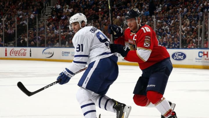 SUNRISE, FL - JANUARY 12: John Tavares #91 of the Toronto Maple Leafs skates for position against Aleksander Barkov #16 of the Florida Panthers at the BB&T Center on January 12, 2020 in Sunrise, Florida. (Photo by Eliot J. Schechter/NHLI via Getty Images)