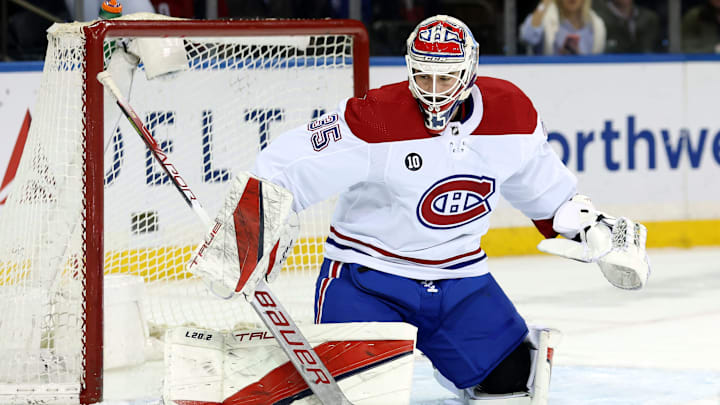 Apr 27, 2022; New York, New York, USA; Montreal Canadiens goaltender Sam Montembeault. Mandatory Credit: Brad Penner-USA TODAY Sports