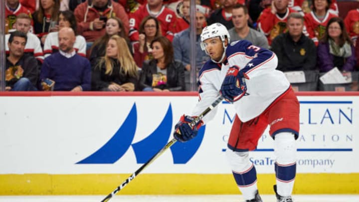 CHICAGO, IL – OCTOBER 07: Columbus Blue Jackets defenseman Seth Jones (3) passes the puck during a game between the Chicago Blackhawks and the Columbus Blue Jackets on October 7, 2017, at the United Center in Chicago, IL. (Photo by Robin Alam/Icon Sportswire via Getty Images)