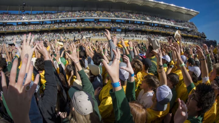 Nov 13, 2021; Waco, Texas, USA; A view of the Baylor Bears students and fans as they celebrate on the field after the game between the Baylor Bears and the Oklahoma Sooners at McLane Stadium. Mandatory Credit: Jerome Miron-USA TODAY Sports