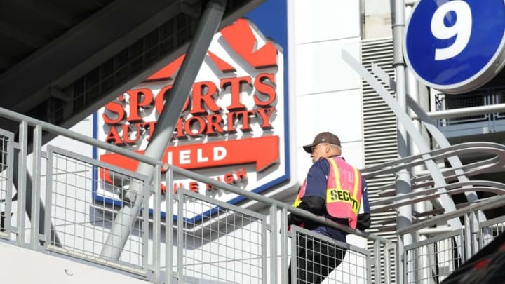 Nov 15, 2015; Denver, CO, USA; General view of stadium security guard on patrol outside of Sports Authority Field at Mile High before the game between the Kansas City Chiefs against the Denver Broncos. Mandatory Credit: Ron Chenoy-USA TODAY Sports