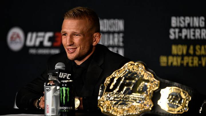 NEW YORK, NY - NOVEMBER 04: TJ Dillashaw speaks to the media during the UFC 217 post fight press conference event inside Madison Square Garden on November 4, 2017 in New York City. (Photo by Jeff Bottari/Zuffa LLC/Zuffa LLC via Getty Images)