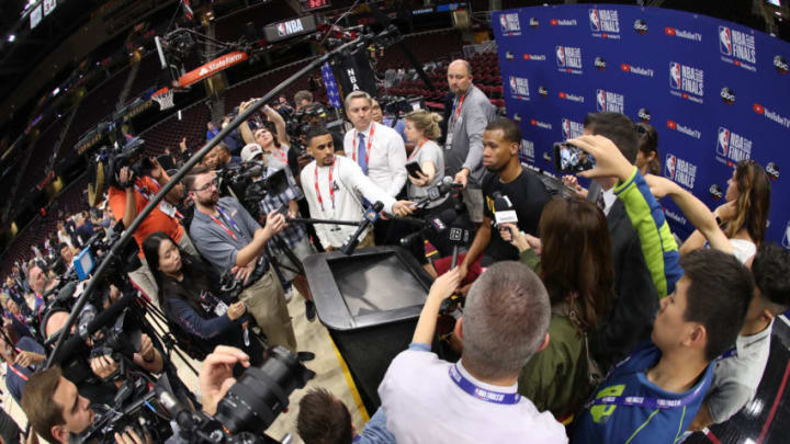 CLEVELAND, OH - JUNE 7: Rodney Hood of the Cleveland Cavaliers speaks to the media during practice and media availability as part of the 2018 NBA Finals on June 7, 2018 at Quicken Loans Arena in Cleveland, Ohio. NOTE TO USER: User expressly acknowledges and agrees that, by downloading and or using this photograph, user is consenting to the terms and conditions of Getty Images License Agreement. Mandatory Copyright Notice: Copyright 2018 NBAE (Photo by Joe Murphy/NBAE via Getty Images)