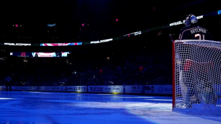 COLUMBUS, OHIO - APRIL 13: Michael Hutchinson #31 of the Columbus Blue Jackets during player introductions before the game against the Pittsburgh Penguins at Nationwide Arena on April 13, 2023 in Columbus, Ohio. (Photo by Jason Mowry/Getty Images)