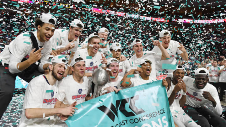 LAS VEGAS, NEVADA - MARCH 10: The Gonzaga Bulldogs celebrate with the trophy after defeating the Saint Mary's Gaels 84-66 to win the championship game of the West Coast Conference basketball tournament at the Orleans Arena on March 10, 2020 in Las Vegas, Nevada. (Photo by Ethan Miller/Getty Images)