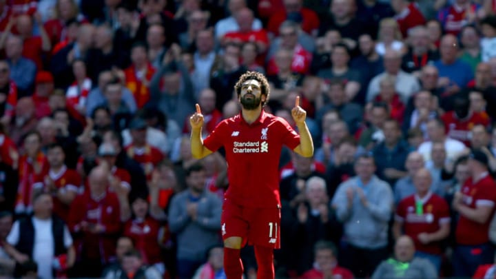 Liverpool's Mohamed Salah celebrates scoring his side's first goal of the game during the Premier League match at Anfield, Liverpool. (Photo by Dave Thompson/PA Images via Getty Images)