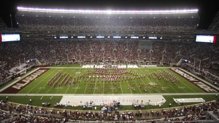 TUSCALOOSA, AL - SEPTEMBER 17: Wide view of stadium as the Alabama Crimson Tide's Million Dollar Band performs at halftime during a game against the North Texas Mean Green on September 17, 2011 at Bryant-Denny Stadium in Tuscaloosa, Alabama. (Photo by Butch Dill/Getty Images)