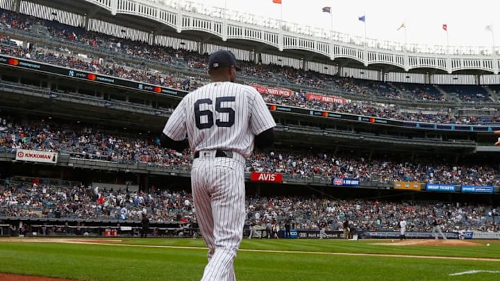 NEW YORK, NY - MAY 06: Domingo German #65 of the New York Yankees in action against the Cleveland Indians at Yankee Stadium on May 6, 2018 in the Bronx borough of New York City. The Yankees defeated the Indians 7-4. (Photo by Jim McIsaac/Getty Images)