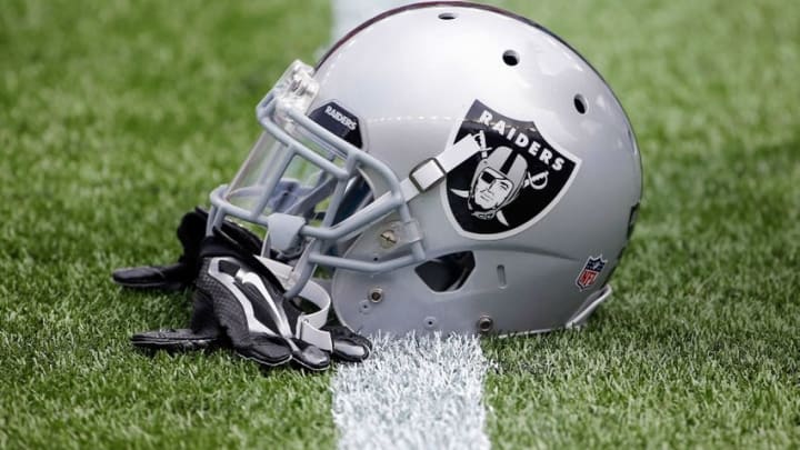 Sep 21, 2014; Foxborough, MA, USA; An Oakland Raiders helmet sits on the field before their game against the New England Patriots at Gillette Stadium. Mandatory Credit: Winslow Townson-USA TODAY Sports
