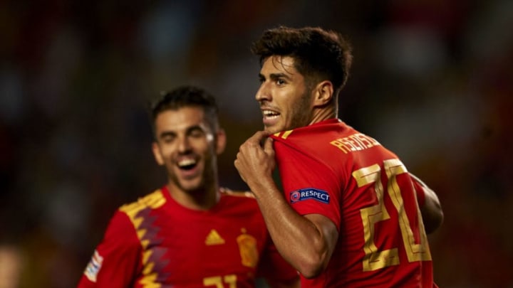 Marco Asensio of Spain celebrates after scoring his sides first goal during the UEFA Nations League football match between Spain and Croatia at Martinez Valero Stadium in Elche, Spain on September 8, 2018. (Photo by Jose Breton/NurPhoto via Getty Images)