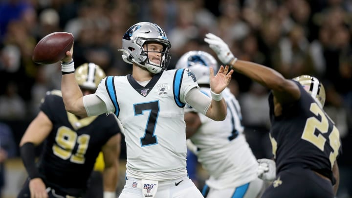 NEW ORLEANS, LOUISIANA – NOVEMBER 24: Kyle Allen #7 of the Carolina Panthers throws a pass against the New Orleans Saints during the second half in the game at Mercedes Benz Superdome on November 24, 2019 in New Orleans, Louisiana. (Photo by Jonathan Bachman/Getty Images)