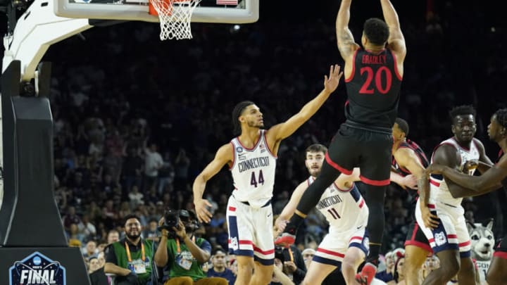 Apr 3, 2023; Houston, TX, USA; San Diego State Aztecs guard Matt Bradley (20) shoots against the Connecticut Huskies in the national championship game of the 2023 NCAA Tournament at NRG Stadium. Mandatory Credit: Robert Deutsch-USA TODAY Sports