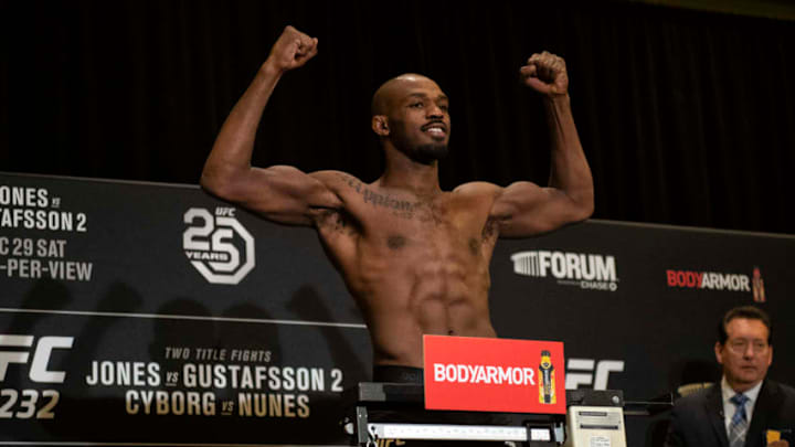 LOS ANGELES, CA - DECEMBER 28: Jon Jones weighs in at 204 pounds during UFC 232 official weigh-ins at Los Angeles Airport Marriott in Los Angeles, Friday, Dec 28, 2018. (Photo by Hans Gutknecht/Digital First Media/Los Angeles Daily News via Getty Images)