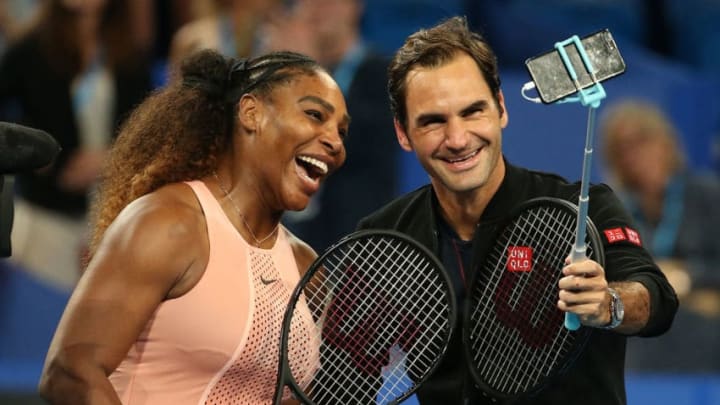 PERTH, AUSTRALIA - JANUARY 01: Serena Williams of the United States and Roger Federer of Switzerland take a selfie following their mixed doubles match during day four of the 2019 Hopman Cup at RAC Arena on January 01, 2019 in Perth, Australia. (Photo by Paul Kane/Getty Images)