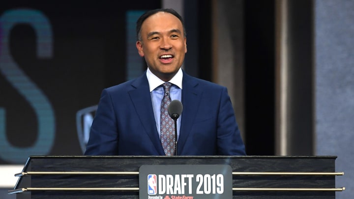 NEW YORK, NEW YORK – JUNE 20: NBA Deputy Commissioner Mark Tatum speaks during the second round of the 2019 NBA Draft at the Barclays Center on June 20, 2019 in the Brooklyn borough of New York City. (Photo by Sarah Stier/Getty Images)