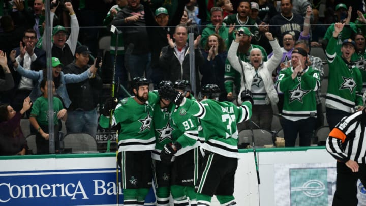 DALLAS, TX - NOVEMBER 21: Jamie Benn #14, Tyler Seguin #91 and the Dallas Stars celebrate a goal against the Winnipeg Jets at the American Airlines Center on November 21, 2019 in Dallas, Texas. (Photo by Glenn James/NHLI via Getty Images)
