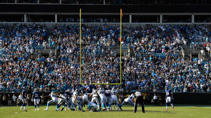 CHARLOTTE, NC – OCTOBER 07: Graham Gano #9 of the Carolina Panthers kicks the game-winning 63-yard field goal against the New York Giants during their game at Bank of America Stadium on October 7, 2018 in Charlotte, North Carolina. The Panthers won 33-31. (Photo by Grant Halverson/Getty Images)