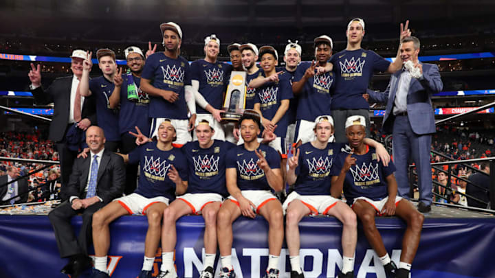 MINNEAPOLIS, MINNESOTA - APRIL 08: The Virginia Cavaliers celebrate with the trophy after their 85-77 win over the Texas Tech Red Raiders during the 2019 NCAA men's Final Four National Championship game at U.S. Bank Stadium on April 08, 2019 in Minneapolis, Minnesota. (Photo by Tom Pennington/Getty Images)