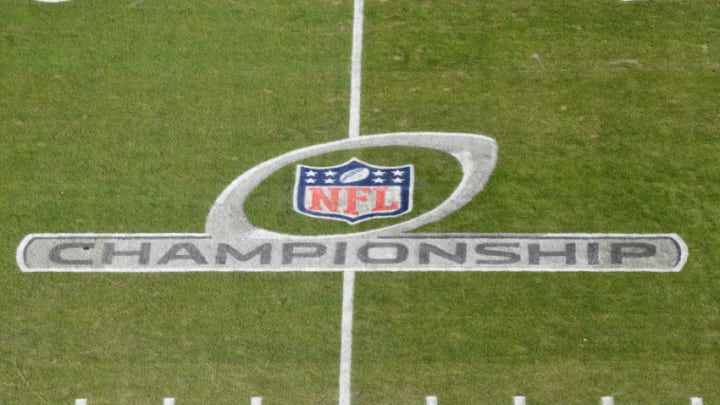 KANSAS CITY, MISSOURI - JANUARY 19: The NFL Championship logo is seen on the field before the AFC Championship Game between the Kansas City Chiefs and the Tennessee Titans at Arrowhead Stadium on January 19, 2020 in Kansas City, Missouri. (Photo by Peter Aiken/Getty Images)