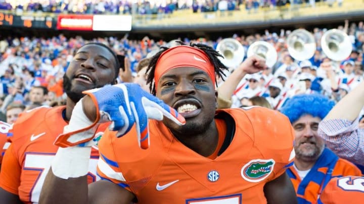 Nov 19, 2016; Baton Rouge, LA, USA; Florida Gators wide receiver Ahmad Fulwood (5) celebrates the win over the LSU Tigers at Tiger Stadium. The Gators defeat the Tigers 16-10. Mandatory Credit: Jerome Miron-USA TODAY Sports