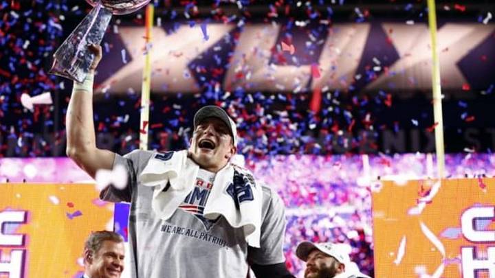 Feb 1, 2015; Glendale, AZ, USA; New England Patriots tight end Rob Gronkowski hoists the Vince Lombardi Trophy after defeating the Seattle Seahawks in Super Bowl XLIX at University of Phoenix Stadium. Mandatory Credit: Mark J. Rebilas-USA TODAY Sports Feb 1, 2015; Glendale, AZ, USA; New England Patriots tight end Rob Gronkowski hoists the Vince Lombardi Trophy after defeating the Seattle Seahawks in Super Bowl XLIX at University of Phoenix Stadium. Mandatory Credit: Mark J. Rebilas-USA TODAY Sports