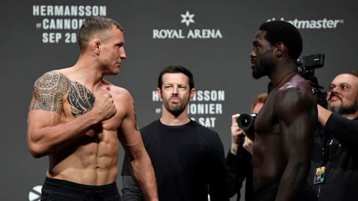 COPENHAGEN, DENMARK - SEPTEMBER 27: (L-R) Jack Hermansson of Sweden and Jared Cannonier face off during the UFC Fight Night weigh-in at Royal Arena on September 27, 2019 in Copenhagen, Denmark. (Photo by Jeff Bottari/Zuffa LLC/Zuffa LLC via Getty Images)