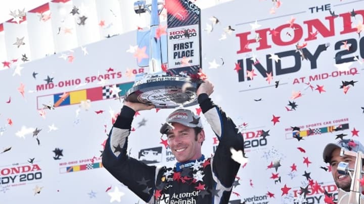 Simon Pagenaud celebrates his win at Mid-Ohio, but there's another trophy he wants to be holding over his head next month. Photo Credit: Chris Owens/Courtesy of IndyCar