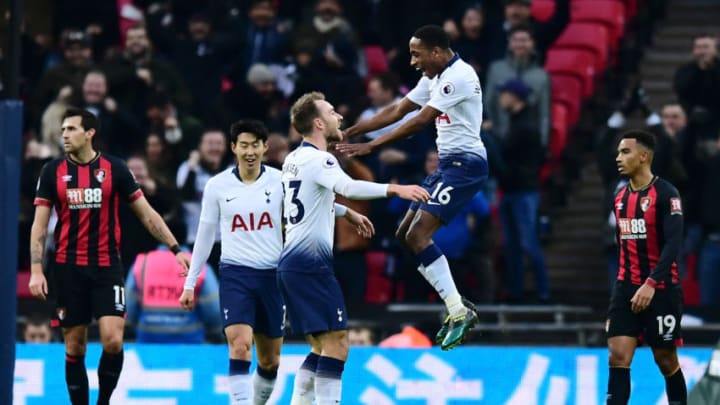 LONDON, ENGLAND - DECEMBER 26: Christian Eriksen of Tottenham Hotspur celebrates with teammates after he scores his sides first goal during the Premier League match between Tottenham Hotspur and AFC Bournemouth at Tottenham Hotspur Stadium on December 26, 2018 in London, United Kingdom. (Photo by Alex Broadway/Getty Images)