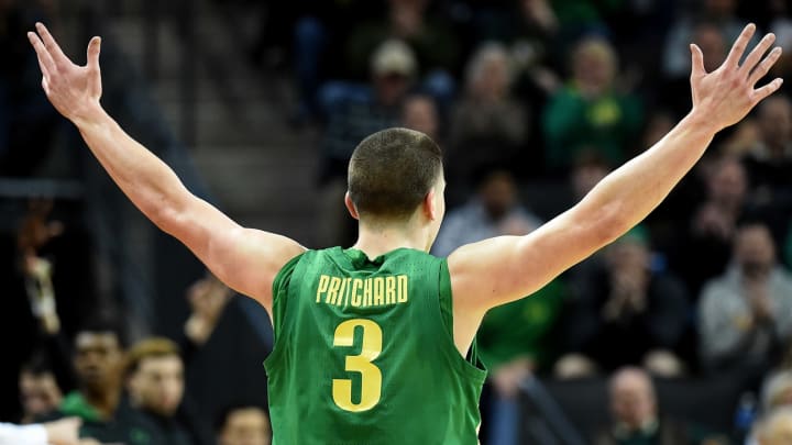 EUGENE, OREGON – MARCH 07: Payton Pritchard #3 of the Oregon Ducks encourages the crowd during the second half against the Stanford Cardinal at Matthew Knight Arena on March 07, 2020 in Eugene, Oregon. Oregon won 80-67. (Photo by Steve Dykes/Getty Images)