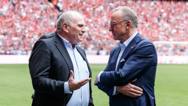 MUNICH, GERMANY - MAY 18: President Uli Hoeness of FC Bayern Muenchen speaks with Chairman Karl-Heinz Rummenigge of FC Bayern Muenchen prior to the Bundesliga match between FC Bayern Muenchen and Eintracht Frankfurt at Allianz Arena on May 18, 2019 in Munich, Germany. (Photo by TF-Images/Getty Images)