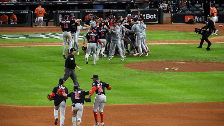 HOUSTON, TX – OCTOBER 30: The Washington Nationals celebrate after the Nationals defeat the Houston Astros in Game 7 to win the 2019 World Series at Minute Maid Park on Wednesday, October 30, 2019 in Houston, Texas. (Photo by Loren Elliott/MLB Photos via Getty Images)