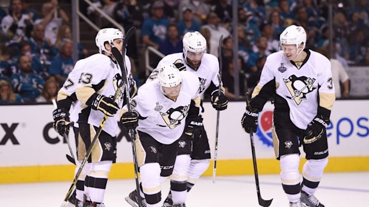 Jun 4, 2016; San Jose, CA, USA; Pittsburgh Penguins right wing Patric Hornqvist (72) celebrates with teammates after scoring a goal against the San Jose Sharks in the second period of game three of the 2016 Stanley Cup Final at SAP Center at San Jose. Mandatory Credit: Kyle Terada-USA TODAY Sports