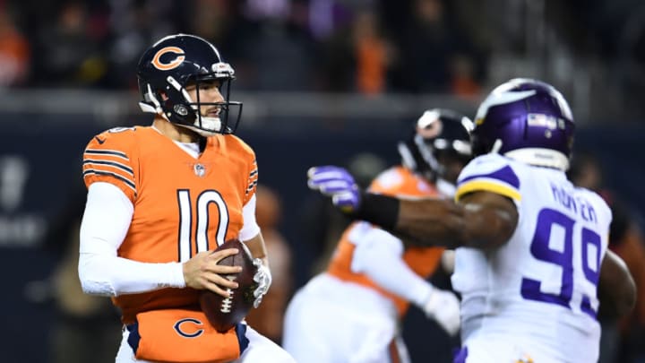 CHICAGO, IL - NOVEMBER 18: Quarterback Mitchell Trubisky #10 of the Chicago Bears looks to pass in the first quarter against the Minnesota Vikings at Soldier Field on November 18, 2018 in Chicago, Illinois. (Photo by Stacy Revere/Getty Images)