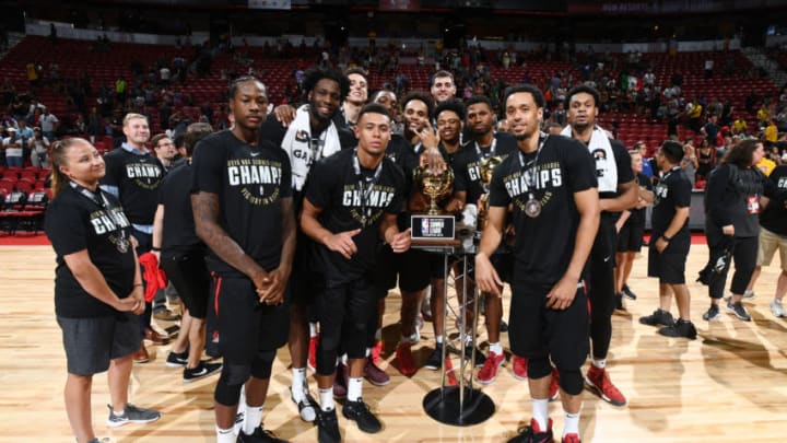 LAS VEAGS, NV - JULY 17: The Portland Trail Blazers are awarded the 2018 Summer League Championship Trophy after the game against the Los Angeles Lakers during the 2018 Las Vegas Summer League on July 17, 2018 at the Thomas & Mack Center in Las Vegas, Nevada. NOTE TO USER: User expressly acknowledges and agrees that, by downloading and/or using this Photograph, user is consenting to the terms and conditions of the Getty Images License Agreement. Mandatory Copyright Notice: Copyright 2018 NBAE (Photo by Garrett Ellwood/NBAE via Getty Images)