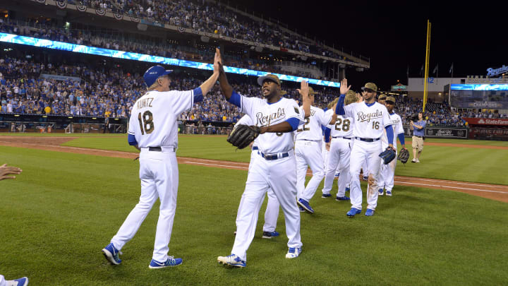 Kansas City Royals players celebrate after a game -Mandatory Credit: John Rieger-USA TODAY Sports