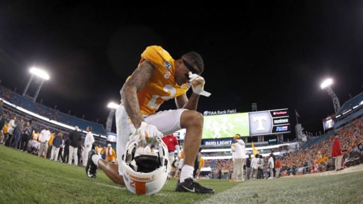 JACKSONVILLE, FL - JANUARY 02: Alontae Taylor #2 of the Tennessee Volunteers celebrates reacts following the TaxSlayer Gator Bowl against the Indiana Hoosiers at TIAA Bank Field on January 2, 2020 in Jacksonville, Florida. Tennessee defeated Indiana 23-22. (Photo by Joe Robbins/Getty Images)