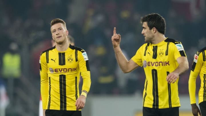 MAINZ, GERMANY - JANUARY 29:Marco Reus and Sokratis Papastathopoulos of Borussia Dortmund after the final whistle during the Bundesliga match between 1. FSV Mainz 05 and Borussia Dortmund at the Opel Arena on January 29, 2017 in Mainz, Germany. (Photo by Alexandre Simoes/Borussia Dortmund/Getty Images)