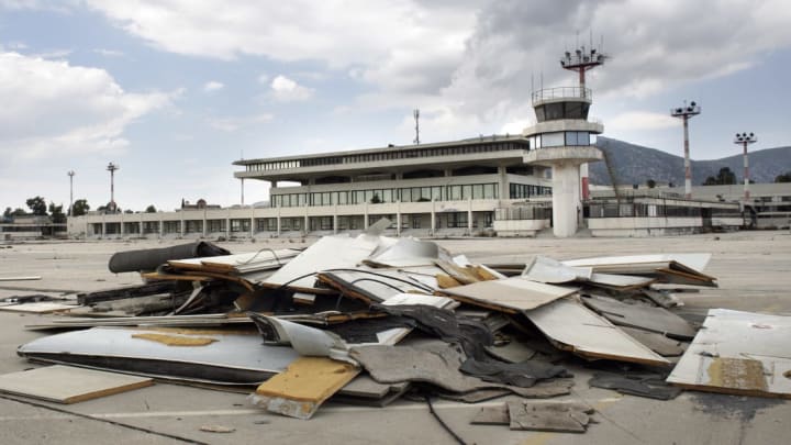 An external view of the abandoned Ellinikon airport in Athens