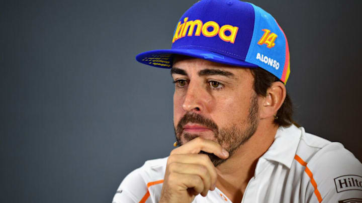 ABU DHABI, UNITED ARAB EMIRATES - NOVEMBER 22: Fernando Alonso of Spain and McLaren F1 talks in the Drivers Press Conference during previews ahead of the Abu Dhabi Formula One Grand Prix at Yas Marina Circuit on November 22, 2018 in Abu Dhabi, United Arab Emirates. (Photo by Clive Mason/Getty Images)